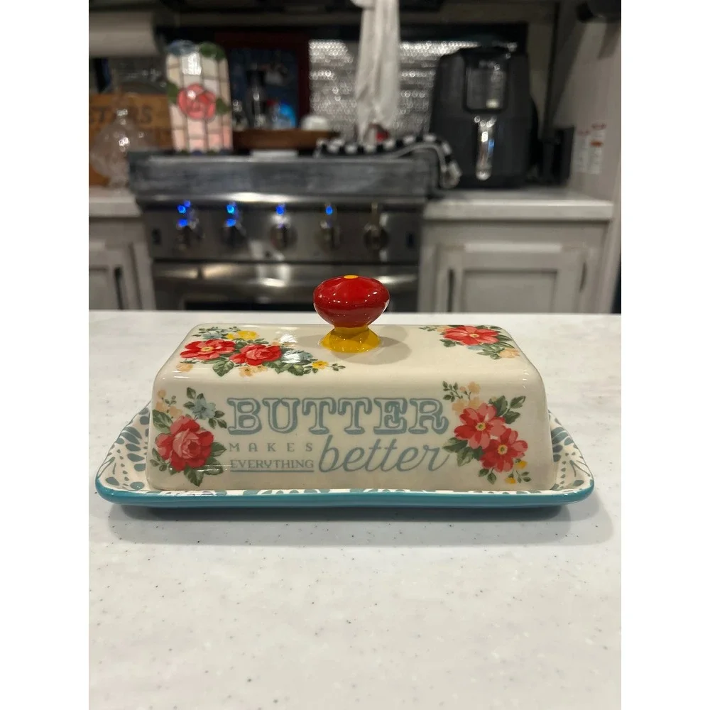 The Pioneer Woman Vintage Floral Butter Dish Stoneware Teal Red Cream PRECIOUS
